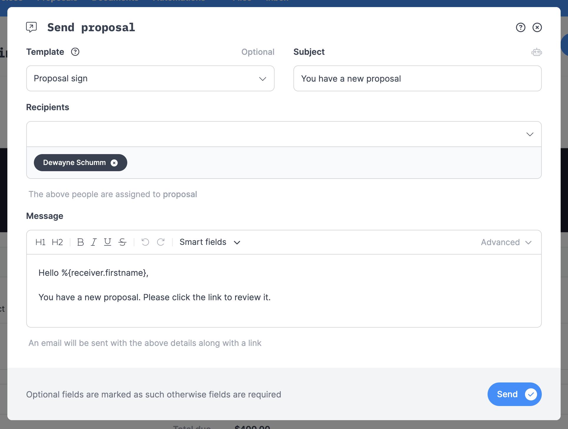 Share your proposals with the client easily via link or email