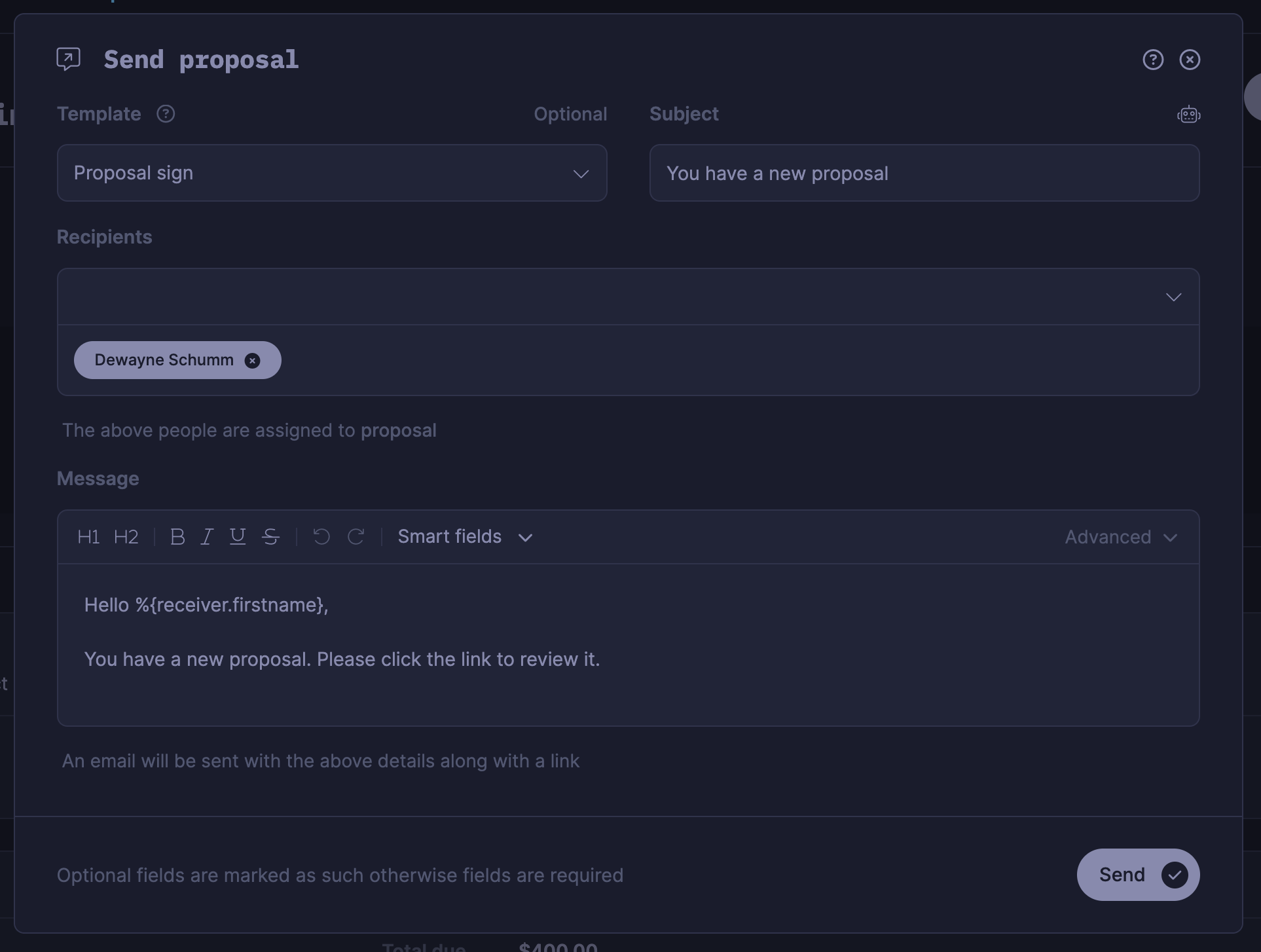 Share your proposals with the client easily via link or email